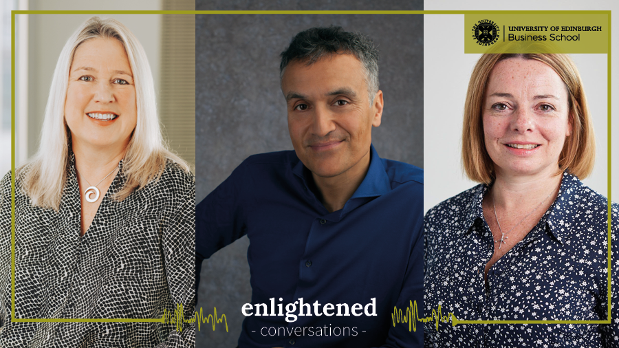 A collage of the guests in Episode 1: (L-R) Wendy Loretto, Carl Honoré and Lee Panglea. Text reads 'Enlightened Conversations'
