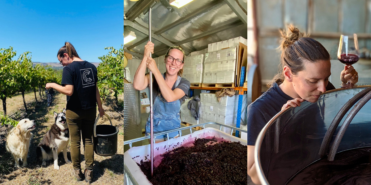 Kendra in her vineyard and making wine.